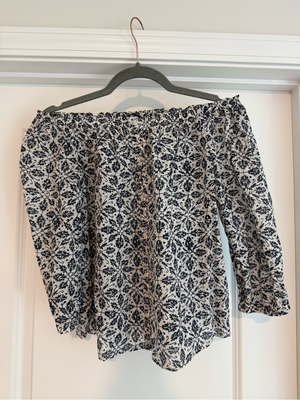 PAIGE Navy and White Off-the-Shoulder Floral Top